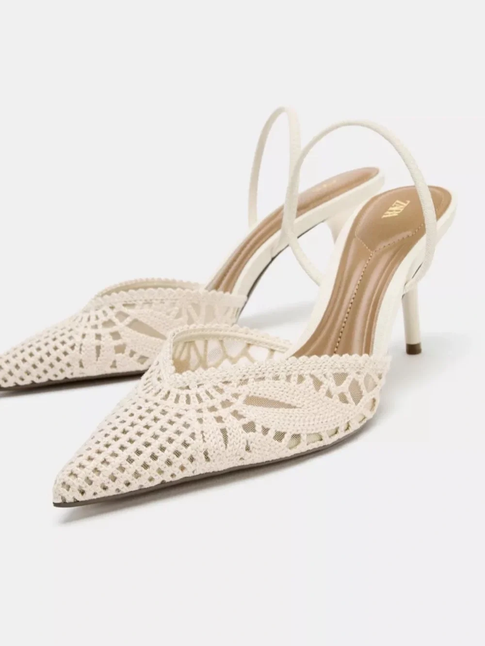 ZARA Cream Crochet Pointed Slingback Heels with Slim Heel - Picture 1 of 1